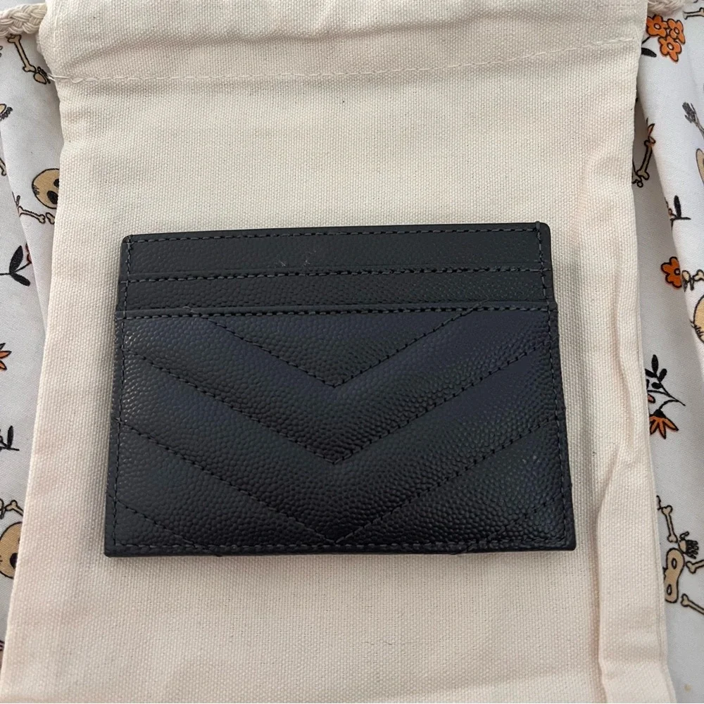 YSL Yves Saint Laurent Cassandre Matelassé Card Case in Grey Grain Leather - Picture 3 of 6